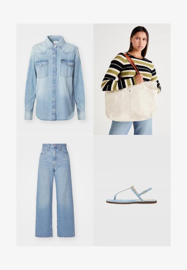 Lee REGULAR WESTERN SHIRT - Camicia - modern blue; Jeans a vita alta blu chiaro con gamba larga, chiusura frontale con bottone e zip, tasche anteriori e posteriori, su uno sfondo bianco.; Sandalo piatto in denim blu con design a T, cinturino alla caviglia regolabile e suola marrone. Presenta un semplice dettaglio con fibbia.; Grande borsa in tela beige con manici in pelle marrone, caratterizzata da un design minimal e dettagli di cucitura visibili.