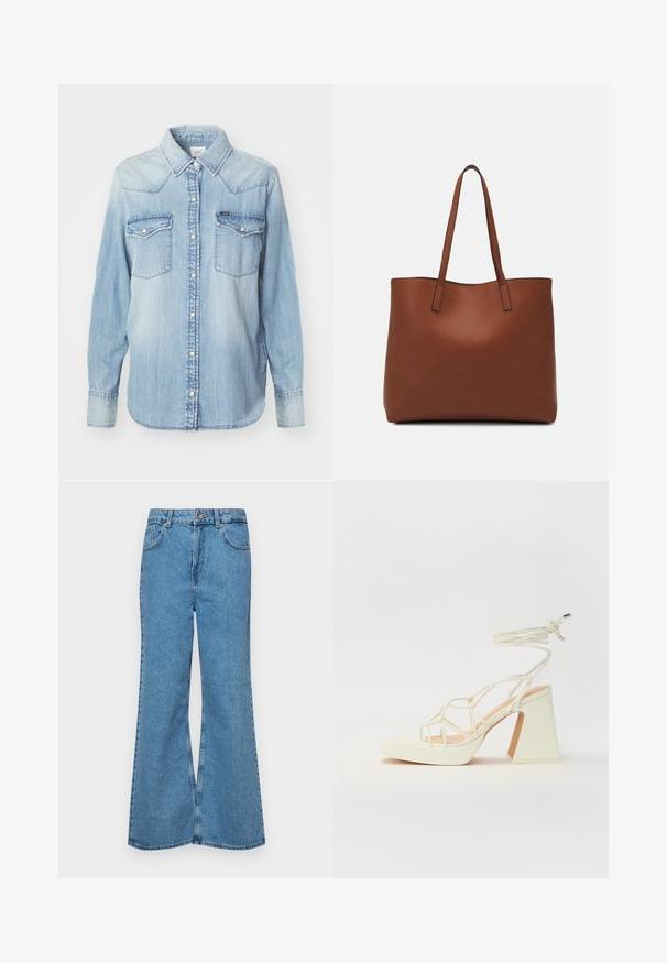 Lee REGULAR WESTERN SHIRT - Button-down blouse - modern blue; Light blue flared jeans made of denim, featuring a high waist, five pockets, and a single button closure. Soft texture with faded finish.; White high-heeled sandal with a chunky heel, featuring a strappy design and ankle tie. Smooth texture with a platform front for added height.; Brown leather tote bag with a smooth texture, open top design, and two shoulder straps. Features minimal stitching and no visible hardware.