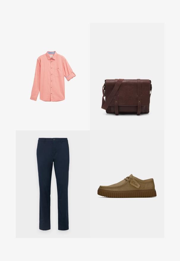 Camicetta a maniche lunghe in corallo chiaro con tessuto testurizzato, taschino sul petto e dettaglio delle maniche arrotolate che mostra un interno blu.; Chinos blu scuro realizzati in tessuto liscio. Design a gamba dritta con chiusura a un pulsante e passanti per cintura. Nessun motivo o accento visibile.; Scarpe in suede marrone chiaro con punta arrotondata, dettagli cuciti e suola in gomma marrone a righe. Presentano un'etichetta laterale con il logo "Clarks".; Borsa a tracolla in pelle marrone con un davanti piatto, due cinghie, dettagli in metallo dorato e una tracolla regolabile.
