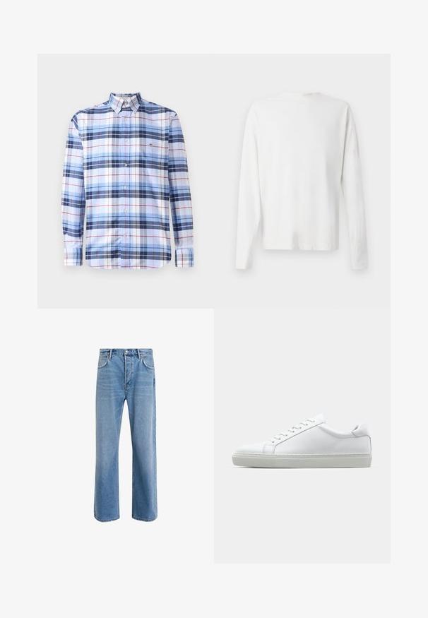 Langermet skjorte med knapper i blå og hvit rutet mønster med røde detaljer. Laget av vevd stoff med klassisk krage og lomme.; Langermet hvit bomullsskjorte med rund hals, sidespalter nederst og en jevn tekstur, vist fra baksiden.; Lys blå denimjeans med rett ben-design, fem lommer, knappeåpning, minimal falming og kontrasterende sømdetaljer.; Hvit sneakers med en glatt skinnoverdel og lav profil. Har en rund tå, seks snøring hull, og en teksturert gummisåle.