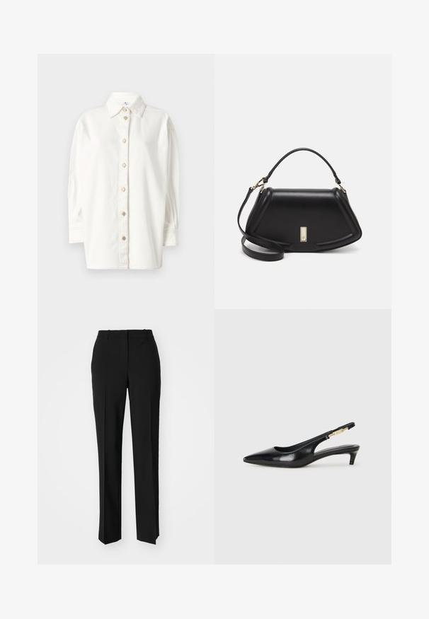 White button-up shirt made of soft fabric, featuring a classic collar, front placket with round buttons, and long sleeves with cuffs.; Black tailored trousers with a straight-leg design, featuring a smooth texture and crisp creases along the front. No visible hardware.; Black leather slingback heels with a pointed toe, featuring a slim heel and a gold-tone accent on the adjustable strap. Smooth texture.; Black leather handbag with a structured design, featuring a cropped shape, top handle, and gold hardware accent. Adjustable shoulder strap included.