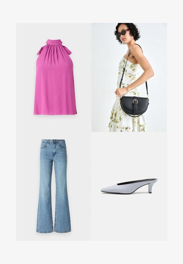 Ærmeløs top i strålende pink med høj krave, samlet udskæring og sløjfebesætning på skuldrene, lavet af blødt stof.; Lysblå flared denimjeans med høj talje, der har kontrastsyninger og en rå kant i bunden. Et klassisk design.; Lys blå patentlæder mule med spids tå, lav gennemsigtig hæl og et elegant design med udskæring ved vamps.; Sort læderhåndtaske med en buet form, aftagelig rem og guldfinish. Tasken har en klap med en spænde detalje.