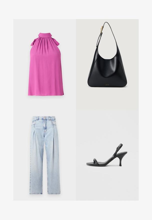 Vibrant roosa ilma varrukateta top kõrge kraega, kokku keeratud kaelusega ja kaunistustega õlgadel, valmistatud pehmest kangast.; Heledad sinise denimist valmistatud teksapüksid kõrge vöökohaga, laia jala lõikega, kahe külje taskuga ja pleedi disainiga. Pehme tekstuur ja pleekinud viimistlus.; Mustad nahast kõrgete kontsadega sandaalid, millel on saledad, kõverad kontsad ja ristatud rihma disain. Reguleeritav pahkluu rihm. Sile tekstuur.; Must mustriba mustkott, millel on sile tekstuur, kõver siluett ja kuldne riistvara aksent. Omab reljeefset brändilogo alusel.