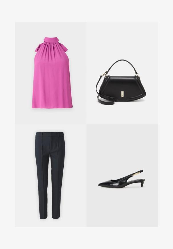 Sleeveless top in vibrant pink with a high collar, gathered neckline, and bow accents on the shoulders, made from soft fabric.; Navy blue tailored trousers with a smooth texture, featuring front pleats, belt loops, and a straight leg design, made from a lightweight fabric.; Black leather slingback heels with a pointed toe, featuring a slim heel and a gold-tone accent on the adjustable strap. Smooth texture.; Black leather handbag with a structured design, featuring a cropped shape, top handle, and gold hardware accent. Adjustable shoulder strap included.
