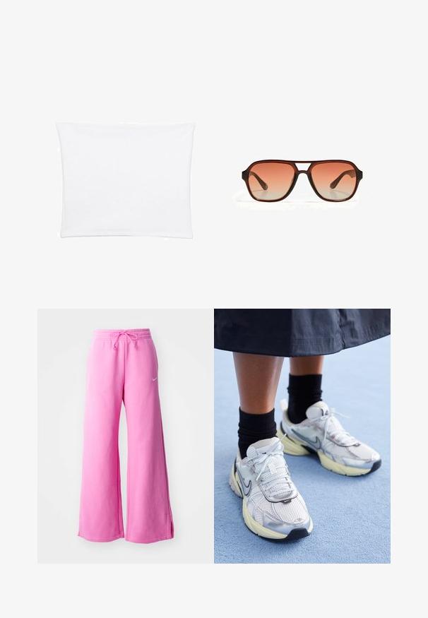 Witte kussensloop met een gladde, zachte textuur, met een rechthoekige vorm en strakke randen, ontworpen voor standaard kussengroottes.; Roze wijde sweatpants gemaakt van zachte katoen, met een trekkoord in de taille en een klein wit logo aan de voorkant.; Witte en zilveren Nike sneakers van meshstof, met reflecterende accenten en een beige zool. Gedragen met zwarte sokken, staand op een blauwe ondergrond.; Bruine zonnebril met een rechthoekig montuur en gradient oranje lenzen. Het montuur heeft een matte afwerking en beschikt over een centrale uitsnijding.