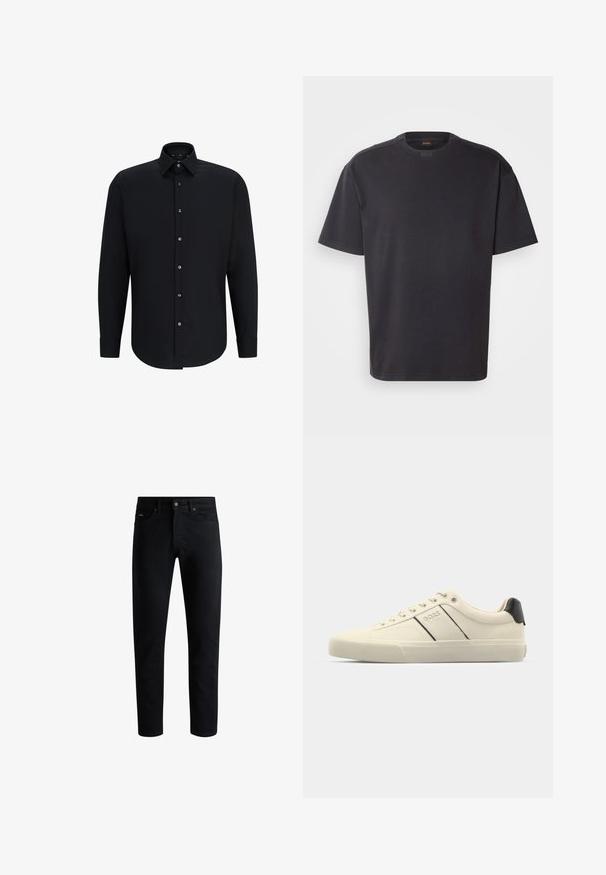Must musta varrukatega särk, mis on valmistatud sileda kangaga, punktse kraega ja nuppe alla lähedaselt servast, millel on kuus metallist nööpi ja reguleeritavad mansetid.; Mustad lühikeste varrukatega must T-särk, mis on valmistatud puuvillast, ümarate kaelustega ja peene brändinguga krael. Sile tekstuur ja mugav lõige.; Must mustrikot, viie taskuga, nupuga sulgus ja vöökonksudega, esitatud valge tausta ees.; Kreemikaalased sneekerid sileda pinnaga, millel on mustad aktsendid ja bränding. Klassikaline paeltega mudel ümmarguse ninaga ja kummist tallaga.