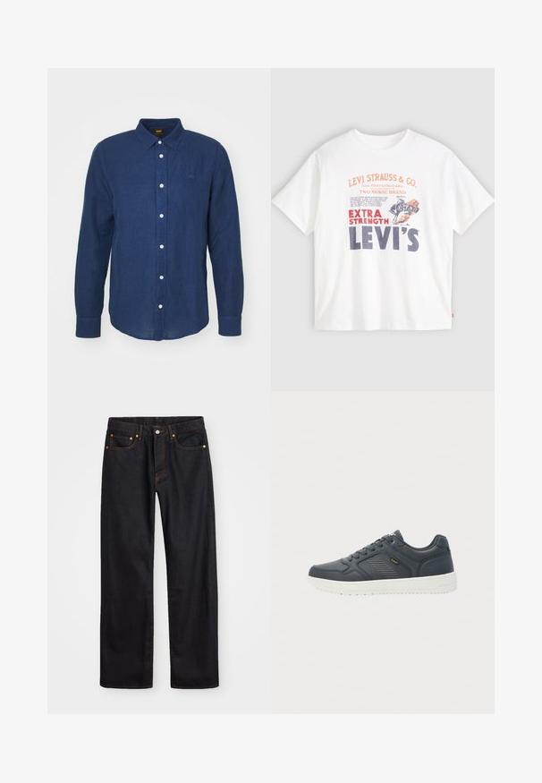 Camicia a maniche lunghe blu scuro con colletto a bottoni, bottoni bianchi e piccolo logo ricamato sul petto. Tessuto morbido, taglio dritto.; T-shirt bianco in cotone con grafica frontale in rosso e blu navy: "LEVI STRAUSS & CO." e "EXTRA STRENGTH LEVI'S" con un'illustrazione di un cavallo.; Jeans neri in denim dritto da uomo con cinque tasche e cuciture arancioni, chiusura con bottone e zip sulla vita anteriore.; Sneaker basse di colore grigio scuro con suola bianca, design con lacci, pannello laterale testurizzato e branding giallo "Lee" sul lato.