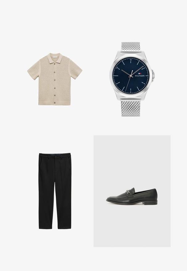 Beżowa, krótkorękawowa dzianinowa koszula polo z otwartym splotem, pięcioma guzikami z przodu i ściągaczem u dołu.; Czarne spodnie o prostym kroju, wykonane z teksturowanej tkaniny. Posiadają dwie kieszenie z przodu i zapięcie na guzik w talii.; Czarne skórzane mokasyny o gładkim wykończeniu, z haftowanym wzorem i dekoracyjnym akcentem z metalowego łańcucha na wierzchu. Płaska pięta.; Tommy Hilfiger HERRENUHR CLASSIC - Zegarek