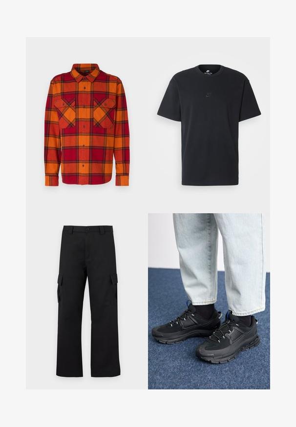 Oakley Pluus - ginger/grenache; Nike musta mustast puuvillast T-särk klassikalise ümmarguse kaelusega, lühikeste varrukatega ja õrna, reljeefse logoga rinnal. Sile tekstuur.; Mustad mustad püksid sirge lõikega disainiga. Valmistatud vastupidavast kangast, millel on kaks külgtaskut klappidega ja nupuvajutusega esiosa.; Mustad mustad jooksukingad, millel on tekstureeritud kangas ja kummist tallad, elastsed nöörid ning sinine aksent kandadel. Kandmine heledate teksadega.