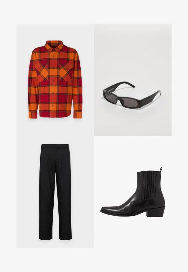 Oakley Button down-skjorte - ginger/grenache; Sorte bukser laget av glatt stoff, med rette ben, to frontfoldninger og standard liv med beltehemper.; Sorte skinn ankelstøvletter med spiss tå, elastiske sidepaneler, vertikale sømdetaljer og en lav blokkhæl.; Sorte rektangulære solbriller med mørke linser, en glatt plastikkramme og en subtil logo på venstre arm. Minimalistisk design.