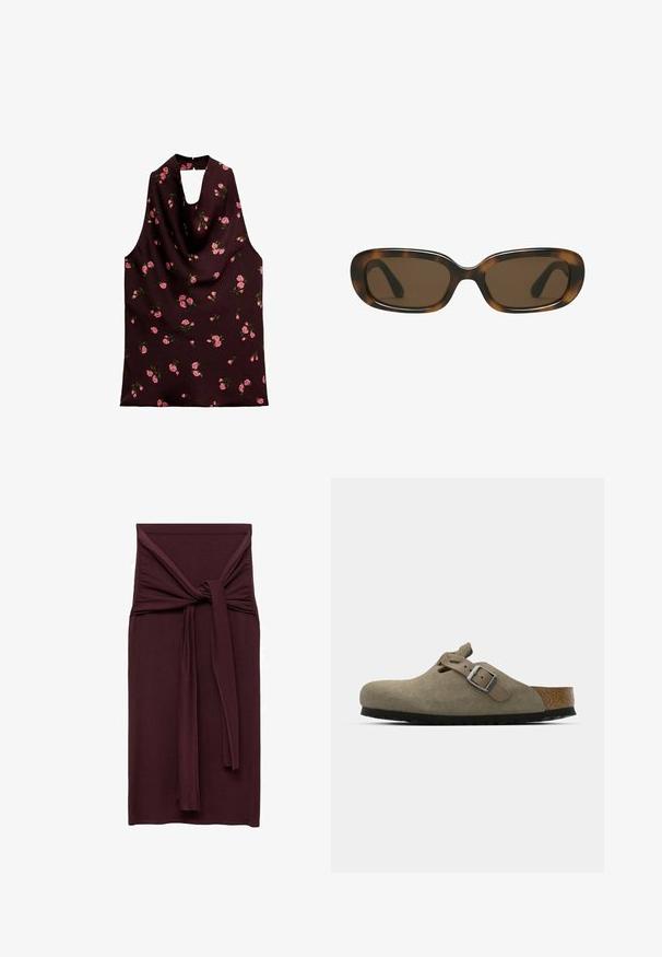 Mouwloze top van donker bordeauxrood materiaal, met een gedrapeerd ontwerp en roze bloemmotieven, en een keyhole-halslijn. Gladde textuur.; Bordeauxkleurige jurk met een geknoopte strikdetail in de taille, gemaakt van een soepele, rekbare stof. Aansluitende silhouet met een rechte lengte.; Suède klompen in licht olijfgroen met een gevormde kurk- en rubberen zool. Voorzien van een zijriem met een metalen gesp en een ronde neus.; Schildpadbril met een glad, afgerond rechthoekig montuur en bruine lenzen. Heeft dunne, gebogen armen met een glanzende afwerking.; Geweven stro-tas met gevlochten textuur, donkerbruine leren handvatten en basis, wijd cirkelvormig ontwerp en open bovenkant.
