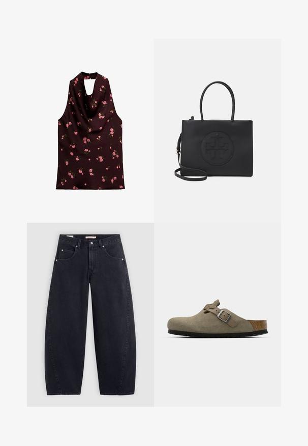 Sleeveless top in dark burgundy fabric, featuring a draped design with pink floral patterns and a keyhole neckline. Smooth texture.; Black denim wide-leg jeans with a high waist, two front pockets, and silver hardware. Smooth texture, minimal stitching details, and straight cut.; Suede clogs in light olive green with a molded cork and rubber sole. Features a side strap with a metal buckle and a rounded toe.; Black handbag made of smooth material with dual handles, a detachable shoulder strap, and a round embossed logo detail on the front.