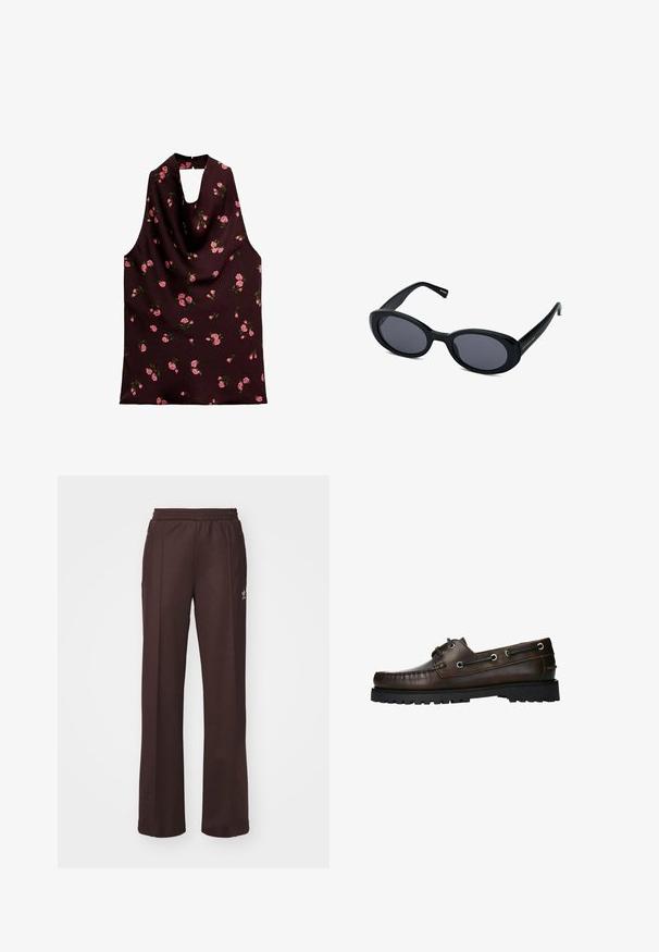 Mouwloze top van donker bordeauxrood materiaal, met een gedrapeerd ontwerp en roze bloemmotieven, en een keyhole-halslijn. Gladde textuur.; Bruine sportieve broek met een elastische tailleband, twee zijzakken en een klein logo aan de linkerzijde, gemaakt van een zachte stof.; Bruine leren bootschoen met moccasinstiksel, metalen oogjes en een gestructureerde zwarte rubberen zool.; Zwarte ovale zonnebril met donkere lenzen, dikke kunststof montuur, licht gebogen ontwerp en gouden logo-detail op de poot.; Zachte bruine hobo-stijl handtas met een enkele brede schouderband en een gebogen opening aan de bovenkant, weergegeven op een witte achtergrond.