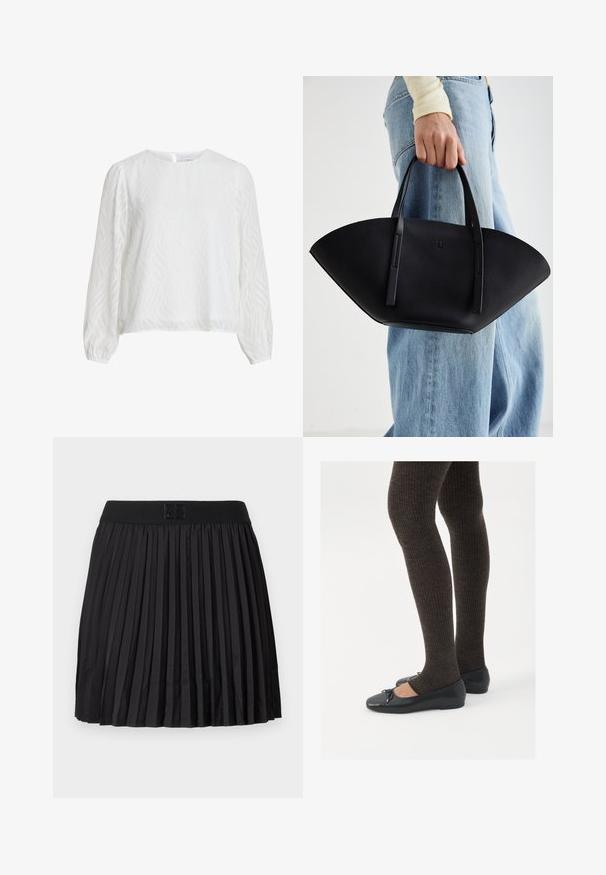 Bílá dlouhá halenka s jemným vlnitým vzorem, kulatým výstřihem a zapínáním na knoflíky vzadu.; Černá skládací sukně s hladkou texturou, vybavená pevným černým pasem a vyraženým detailem loga vpředu.; Černé ploché boty s malou mašlí na špičce, kombinované s tmavě hnědými žebrovanými punčochami. Boty mají hladký povrch a nízký profil.; Černá kožená kabelka s jedinečným tvarováním ve tvaru vějíře, vybavená plochými uchy. Povrch má jemně zrnitou texturu a minimalistický design.