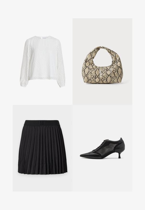Weiße Langarmbluse mit subtiler wellenförmiger Struktur, rundem Ausschnitt und Knopfverschluss auf der Rückseite.; Schwarzer gefälteter Rock mit glatter Textur, ausgestattet mit einem einfarbigen schwarzen Bund und einem eingeprägten Logodetail auf der Vorderseite.; Schwarzer spitzer Schuh mit einem Mesh-Panel-Design, ausgestattet mit einem niedrigen Absatz und einer Schnürung vorne. Hergestellt aus einer Kombination von Leder und Mesh-Material.; Schlangenmuster-Tasche mit einem gebogenen Griff. Hergestellt aus strukturierten, beige- und braunfarbenen Materialien, die ein markantes Diamantmuster aufweisen.