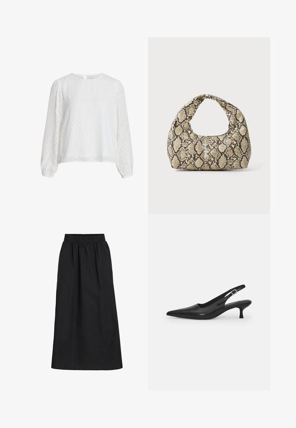 White long-sleeve blouse with subtle wavy textured pattern, round neckline, and button closure at the back.; Black, knee-length skirt made of soft, lightweight fabric. Features an elastic waistband and a simple, flowing design without embellishments.; Black leather slingback shoe with a pointed toe and a slim, curved heel. Features a discrete adjustable strap with a metal buckle.; Snake-print handbag with a curved handle. Made from textured, beige and brown materials, featuring a distinctive diamond pattern.
