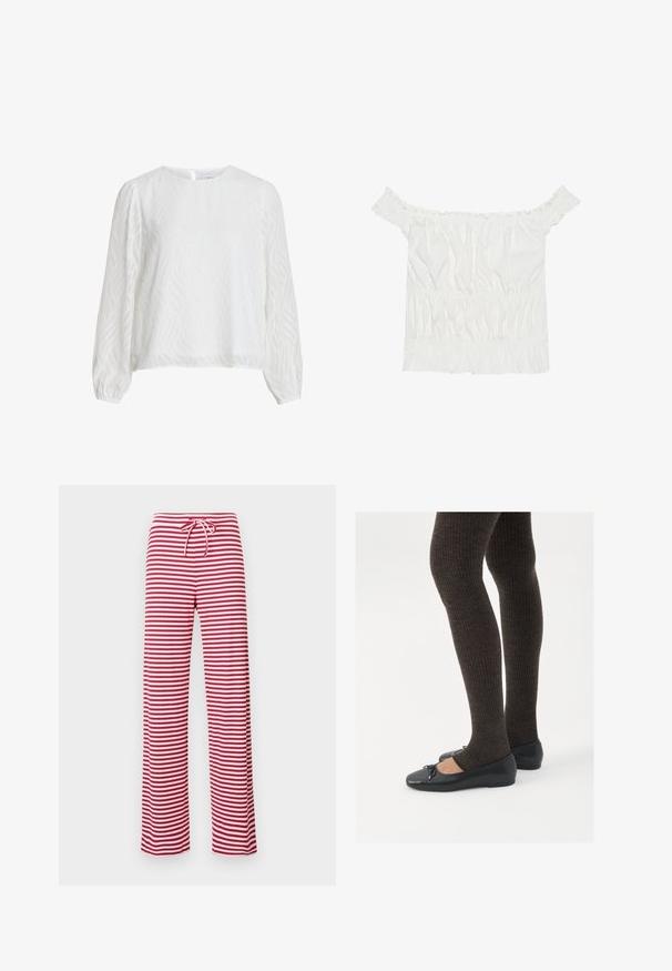 White long-sleeve blouse with subtle wavy textured pattern, round neckline, and button closure at the back.; White off-the-shoulder top with ruffled accents, gathered texture, and an elasticized waistband. Made from soft cotton fabric.; Red and white striped, loose-fit pants with a drawstring waist and ribbed texture. Straight leg design extends to ankle length.; Black flat shoes with a small bow detail at the toe, paired with dark brown ribbed tights. Shoes have a smooth texture and low profile.