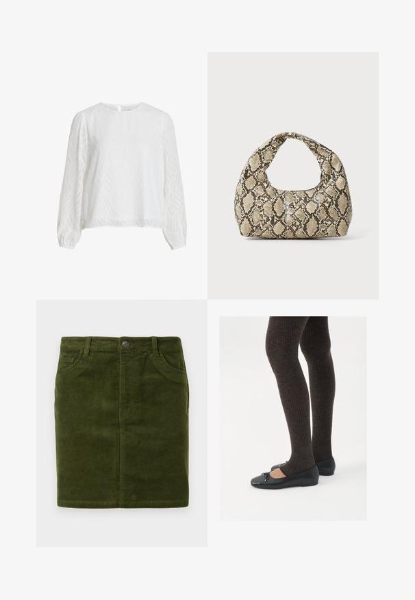 White long-sleeve blouse with subtle wavy textured pattern, round neckline, and button closure at the back.; Two white sleeveless T-shirts made of soft cotton fabric, featuring a rounded neckline and no visible patterns or hardware.; Dark green corduroy skirt with a straight cut, featuring a five-pocket design and a metal button closure at the waist.; Black flat shoes with a small bow detail at the toe, paired with dark brown ribbed tights. Shoes have a smooth texture and low profile.; Snake-print handbag with a curved handle. Made from textured, beige and brown materials, featuring a distinctive diamond pattern.