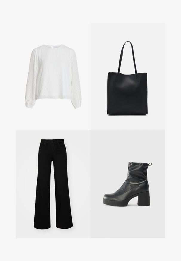 Balta ilgųjų rankovių blusa su subtiliu banguotu tekstūros raštu, apvaliu iškirpimu ir mygtuko uždarymu nugaros pusėje.; Juodos plačios kelnės iš denimo, turinčios struktūruotą juosmenį, diržo kilpas ir priekines kišenes. Lygus paviršius su klasikinio dizaino elementais.; Juodos kulkšninių botai, pagaminti iš lygaus odos, su šoniniu užtrauktuku, masyviu tekstūruotu kulnu ir apvaliu pirštu.; Juodas odinis tote krepšys su lygia tekstūra, stačiakampio formos ir dviem ilgais rankenomis. Matomų metalinių detalių ar puošybos nėra.