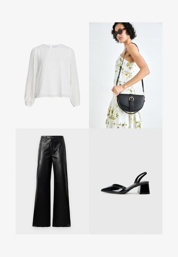 Blusa branca de mangas longas com um padrão texturizado ondulado sutil, gola redonda e fecho de botão na parte de trás.; Calças largas de imitação de couro pretas, de cintura alta, com botão frontal, fecho de correr, passadores de cinto e bolsos laterais sobre fundo branco.; Sandy em verniz preto com salto slingback, ponta afilada e salto geométrico. Apresenta um design elegante e minimalista com textura suave.; Bolsa de couro preta com forma curva, alça destacável e detalhes em dourado. A bolsa possui uma aba com detalhe de fivela.