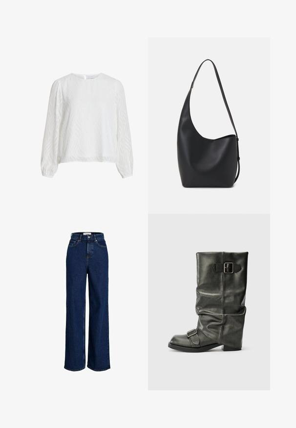 Weiße Langarmbluse mit subtiler wellenförmiger Struktur, rundem Ausschnitt und Knopfverschluss auf der Rückseite.; Hochgeschnittene, dunkelblaue Jeans aus Denim mit weitem Bein, Knopfverschluss vorne und fünf Taschen.; Schwarzer Fake-Leder-Ankle-Boot mit einem lässigen Schaft, einem auffälligen Absatz und zwei metallischen Schnallen an der Seite für Details.; Schwarze Leder-Hobo-Tasche mit einer glatten Textur, geschwungener Form und einem einzelnen verstellbaren Tragegurt; verfügt über eine weite Öffnung am oberen Ende.