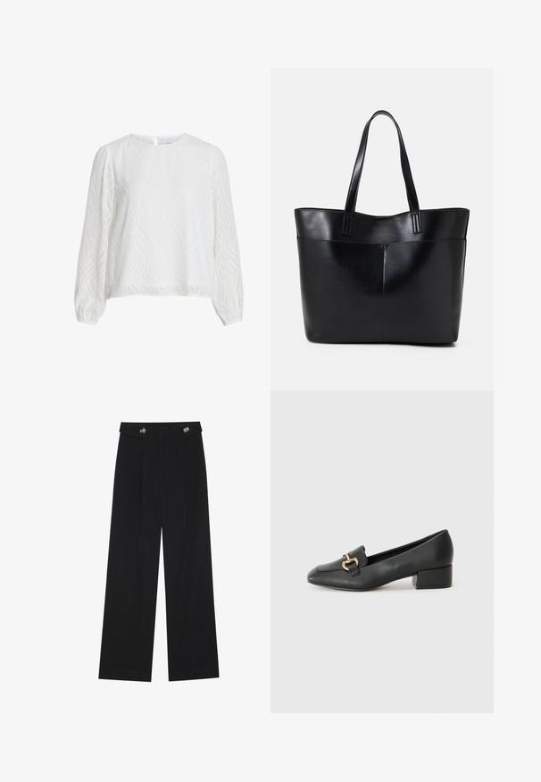 White long-sleeve blouse with subtle wavy textured pattern, round neckline, and button closure at the back.; Black wide-leg trousers with high waist, button details on waistband, and front pleats.; Black leather loafers with a flat heel, featuring a decorative gold hardware detail on the front and a smooth texture.; Black leather tote bag with two long handles, a smooth texture, and a structured shape. Features a front pocket for additional storage.