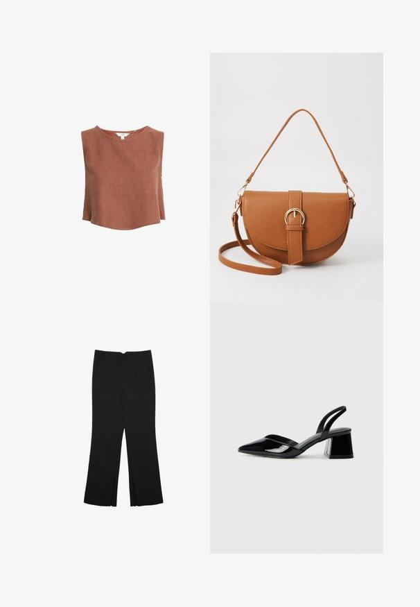 Rustrød linned uden ærmer med rund halsudskæring, afslappet pasform og sideslidser, med minimal syning for et rent udtryk.; Sorte bukser med lige pasform, der har frontlommer og slidser i kanten. Lavet af blødt, glat stof. Velegnet til forskellige anledninger.; Sorte patentlæder slingback hæle med spids tå og en geometrisk blok hæl. Har et elegant, minimalistisk design og en glat tekstur.; Brun læder crossbody taske med en buet form, guldfarvet hardware og en spændeaccent. Har en aftagelig skulderrem.