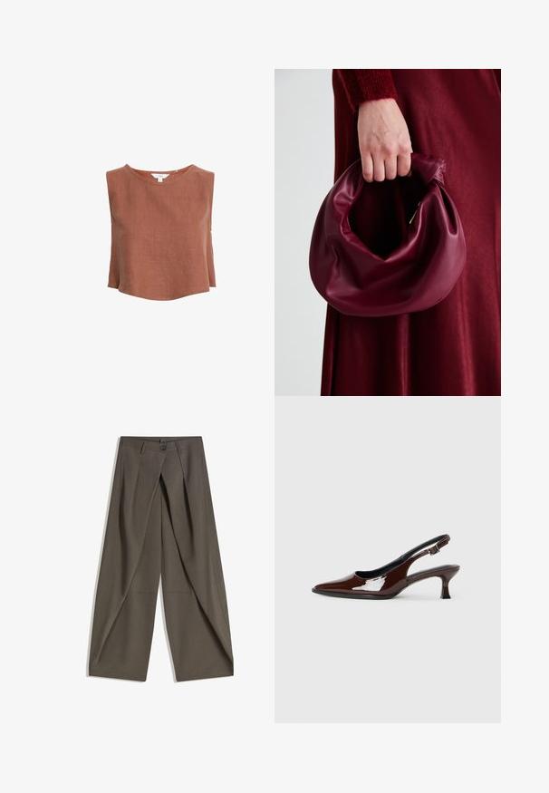 Leinen-Top in Rostfarbe ohne Ärmel mit Rundhalsausschnitt, lockerer Passform und seitlichen Schlitzen, das durch minimalen Stich für einen sauberen Abschluss überzeugt.; Weite Hosen aus einem strukturierten, dunkelgrauen Stoff. Mit einer vorderen Faltenlegung, Knopfverschluss und praktischen Seitentaschen ausgestattet.; Braune Lackleder-Slingback-Schuhe mit spitzer Zehe und moderatem Absatz. Mit einem Schnallenriemen für einen sicheren Sitz. Glatte Textur.; Burgunderleder-Handtasche mit einem weichen, gerafften Design und einer gerundeten Form. Der Griff ist gesichert und zeigt eine glatte Textur.