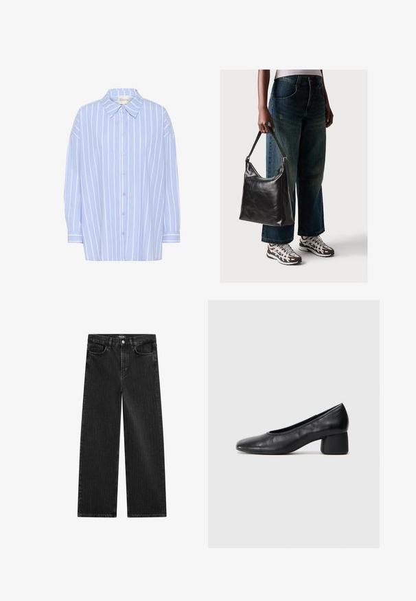 Lichtblauw overhemd met witte verticale strepen, voorzien van een puntige kraag, lange mouwen en een ontspannen pasvorm. Zacht katoenmateriaal.; Wijd gesneden zwarte denim jeans met een subtiel verticaal streepmotief, voorzien van een vijfzakkenontwerp en een klassieke knoopsluiting bij de taille.; Zwarte leren pump met een ronde neus en een middenblokhak. Glad textuur met minimale details, voorzien van een subtiele elastische opening.; Zwarte leren schoudertas met een gladde textuur en een verstelbare strap, gecombineerd met vervaagde wijde jeans en sportieve sneakers.