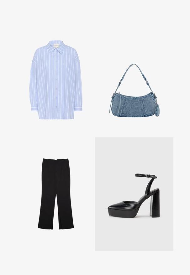 Camicia button-up azzurro chiaro con righe verticali bianche, dotata di colletto a punta, maniche lunghe e vestibilità comoda. Materiale in morbido cotone.; Pantaloni neri a gamba dritta, con tasche frontali e spacchi laterali all'orlo. Realizzati in tessuto morbido e liscio. Adatti a diverse occasioni.; Tacchi a piattaforma neri con punta appuntita e cinturino regolabile alla caviglia. Realizzati in pelle liscia, presentano un tacco a blocco spesso.; Borsa in denim con forma curvata, colore azzurro chiaro, tracolla regolabile e una piccola pochette staccabile con accenti metallici.