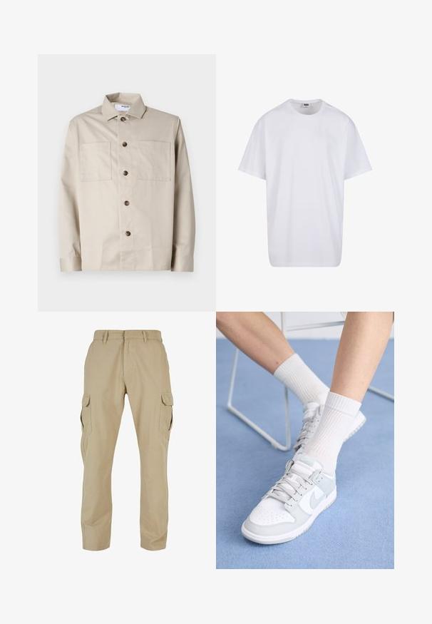Bež pikkade varrukatega nööbiga särk, millel on kaks esitaskut ja klassikaline krae, asetatud valgele taustale.; Valge puuvillane t-särk lühikeste varrukatega, ümmarguse kaelusega, lõdva lõikega ja ilma nähtavate logodeta või mustriteta. Sile tekstuur ja minimaalne disain.; Beige cargo püksid, mis on valmistatud puuvillast twill-kangast, mitmete küljetaskutega, sirge jala disainiga ja lukuga põhipaela ning vöökandjatega.; Valged tennisetossud helesiniste detailidega, nahast ülemine osa, perforeeritud varvas, paksed lingid ja ribakujulised valged sokid sinise tausta vastu.
