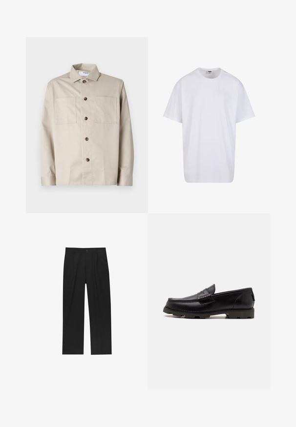 Beige, hosszú ujjú gombos ing, két elülső zsebbel és klasszikus gallérral, fehér háttéren lefektetve.; Fehér pamut póló rövid ujjal, kerek nyakú, laza szabású, és nincsenek látható logók vagy minták. Simább textúra és minimalista dizájn.; Fekete nadrág egyenes szárú kialakítással, sima anyagból készült. Elöl redők és egy gombos záródás található a derékon.; Fekete bőr loaferek lekerekített orral, díszítő varrással és texturált talppal a tapadás érdekében. Enyhén megemelt sarkú.