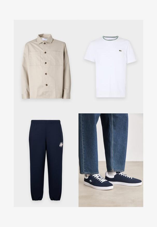 Beidzu garo piedurkņu pogājama krekls ar divām priekšējām krūšu kabatām un klasisku apkakli, izklāts uz baltās virsmas.; Balta kokvilnas T-kreklā ar īsām piedurknēm un ribotu apkakli, kas rotāta ar zaļām un melnām svītrām; neliels zaļš izšūts logo kreisajā krūtī.; Tums zila krāsa sporta bikses, izgatavotas no mīksta kokvilnas materiāla, ar elastīgām aprocēm un jostu. Kreisajā kājā ir balts Lacoste Paris logo.; Zili auduma sporta apavi ar baltām stīgām un gumijas zolēm, izlikti kopā ar džinsiem un pelēkām ribotām zeķēm, uz gaiši pelēka pamata.