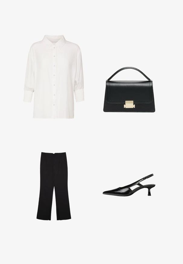 Weißes Hemd mit klassischem Kragen, kurzen Puffärmeln und gerafften Manschetten. Hergestellt aus leichtem Stoff mit glatter Textur.; Schwarze Hose mit geradem Schnitt, ausgestattet mit Fronttaschen und Seitenschlitzen am Saum. Hergestellt aus weichem, glattem Stoff. Geeignet für verschiedene Anlässe.; Schwarze Lackleder-Slingback-High Heels mit spitzer Zehenform, ausgeschnittenem Seitendesign und kleinem Blockabsatz. Glatte Textur mit minimalen Akzenten.; Schwarze Lederhandtasche mit strukturiertem Design, oberem Griff und einem goldenen Metallschnappverschluss auf der Vorderseite. Glatte Textur, minimale Nähte.