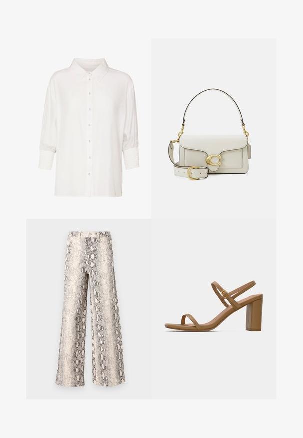 Chemisier blanc à col classique, avec des manches courtes bouffantes et des poignets smockés. Fabriqué en tissu léger avec une texture douce.; Pantalons large en imprimé serpent, avec un schéma de couleurs crème et gris, fabriqués à partir d'un tissu texturé avec une taille haute.; Sandales à talons légers marron clair avec deux brides fines et un talon carré. Matériau lisse au design minimaliste et un petit détail de boucle en or.; Sac à main en cuir blanc avec ferrures dorées, doté d'un rabat et d'une bandoulière amovible et réglable. Ornement métallique rond au centre.; Singularu DROP - Boucles d'oreilles - gold-coloured