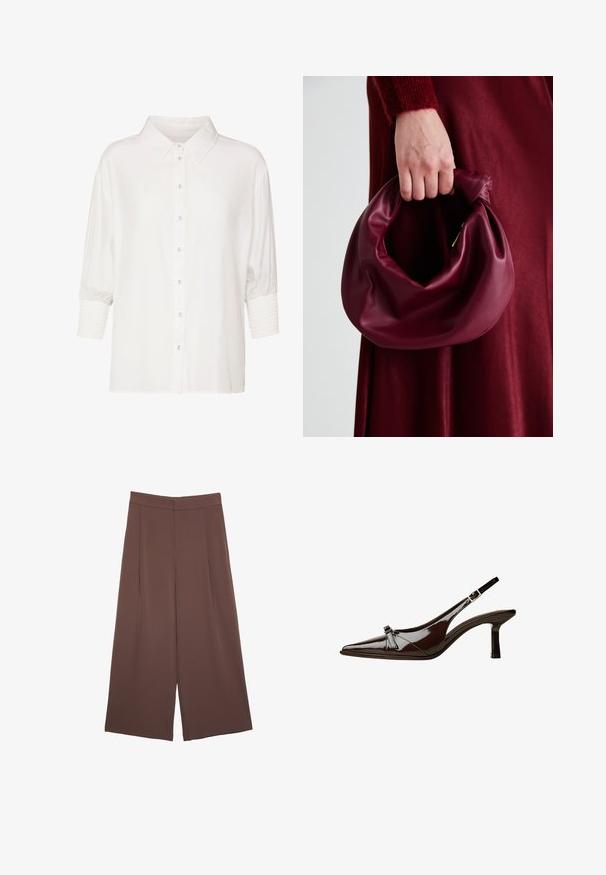 Vit skjorta med klassisk krage, korta puffärmar och smockade ärmslut. Tillverkad av lätt tyg med en mjuk textur.; Bruna vida byxor med en slät textur, som har hög midja och framfickor. Tyget är lätt och flödar löst.; Brun lackläder slingback-sko med spetsig tå, låg klack och en dekorerande rosett på framsidan. Slät, glansig yta.; Burgundy läderhandväska med en mjuk, samlad design och rundad form. Handtaget är säkrat och visar en slät yta.