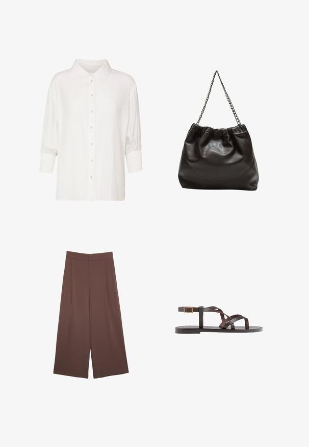 White button-up shirt with a classic collar, short puff sleeves, and smocked cuffs. Made of light fabric with a smooth texture.; Brown wide-leg trousers with a smooth texture, featuring a high waist and front pleats. The fabric is lightweight and flows loosely.; Brown leather sandal featuring crisscross straps, an ankle buckle closure, and a flat sole with minimal stitching details.; Brown leather bag with a gathered top and a chain strap. Smooth texture with a glossy finish and subtle seam detailing on the sides.