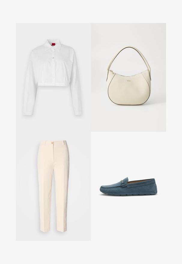 Valkoinen lyhytnapitettu paita, jossa on terävä kaulus, pitkät hihat ja huomaamaton logo rinnassa. Sileä kangas ilman kuvioita.; Kermanväriset, korkeavyötäröiset housut, jotka on valmistettu teksturoidusta kankaasta. Ominaisuuksia etunappi ja kapenevat lahkeet.; Siniset mokkasiinit, joissa on tasainen pohja, reunassa ommeltu kuviointi ja koristeellinen metallidetalji edessä.; Kermakallinen käsilaukku tekstuuripinnalla, kaarevassa muodossa, lyhyellä varrella ja kultaisella logotunnuksella. Vetoketjukiinnitys ylhäällä.