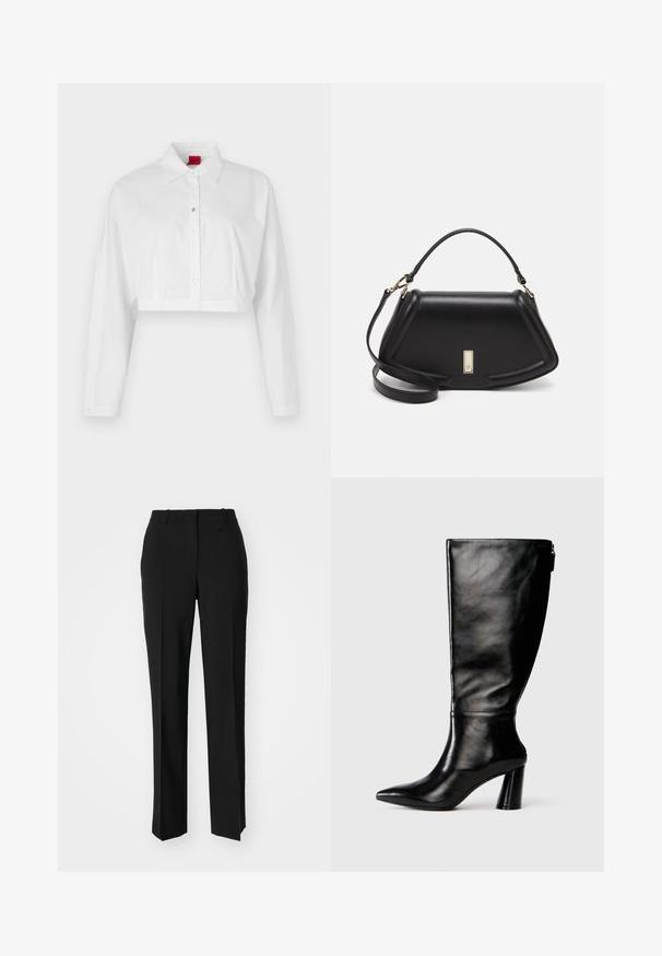 White cropped button-up shirt with a pointed collar, long sleeves, and a subtle logo on the chest. Smooth fabric with no patterns.; Black tailored trousers with a straight-leg design, featuring a smooth texture and crisp creases along the front. No visible hardware.; Knee-high black leather boot with a pointed toe, smooth texture, and a chunky heel. Features a zipper detail at the back.; Black leather handbag with a structured design, featuring a cropped shape, top handle, and gold hardware accent. Adjustable shoulder strap included.