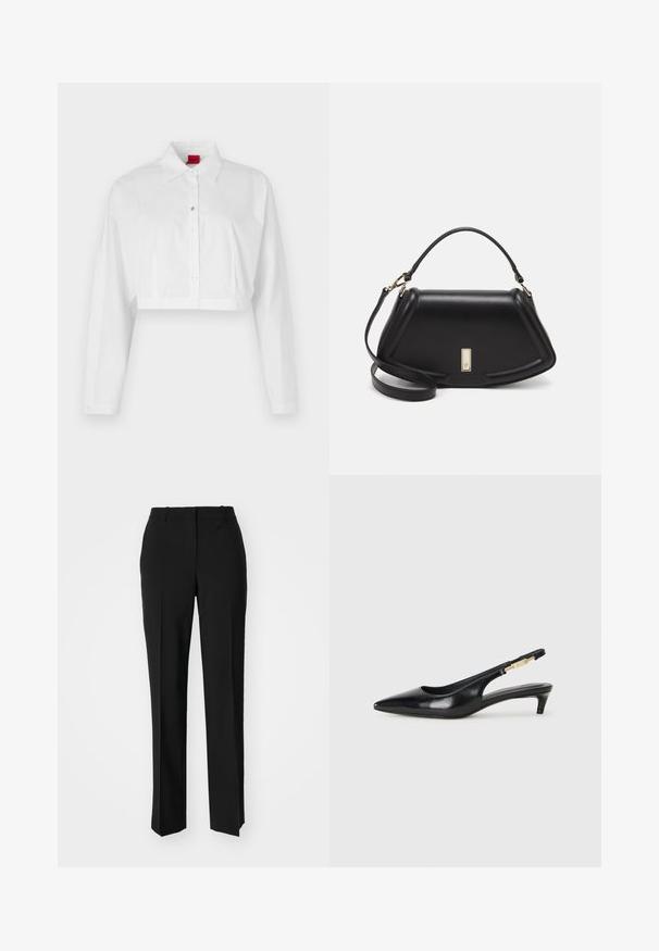 White cropped button-up shirt with a pointed collar, long sleeves, and a subtle logo on the chest. Smooth fabric with no patterns.; Black tailored trousers with a straight-leg design, featuring a smooth texture and crisp creases along the front. No visible hardware.; Black leather slingback heels with a pointed toe, featuring a slim heel and a gold-tone accent on the adjustable strap. Smooth texture.; Black leather handbag with a structured design, featuring a cropped shape, top handle, and gold hardware accent. Adjustable shoulder strap included.