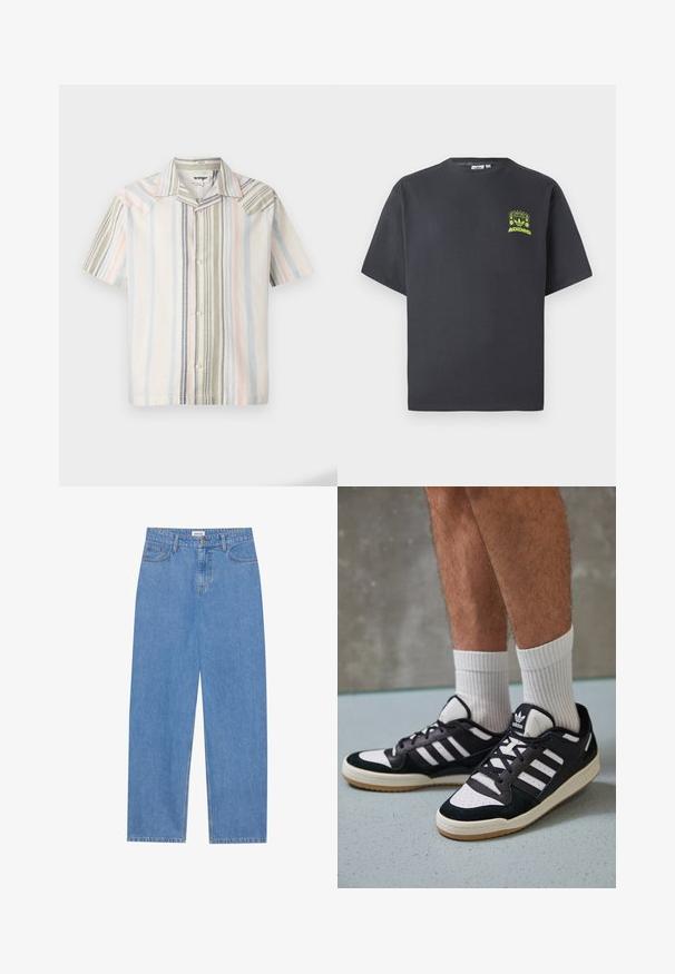 Šviesios medžiagos trumpomis rankovėmis mygtukinė marškiniai su vertikaliomis pastelinėmis juostelėmis: mėlyna, žalia ir rožinė, su smailiu apykaklė.; Anglies pilkos spalvos Adidas marškinėliai trumpomis rankovėmis su mažu neoninės žalios spalvos grafikų, vaizduojančiu garsiakalbius, saulę ir Adidas logotipą, kairėje krūtinės pusėje.; Šviesiai mėlynos džinsinės kelnės su tiesiu kirpimu, penkių kišenių dizainu, vieno mygtuko užsegimu ir subtiliomis siuvimo detalėmis siūlėse.; Juodos ir baltos sportinės bateliai su zomšiniu ir odiniu viršumi, su trimis baltomis juostelėmis, perforuota koja ir guminėmis padais.