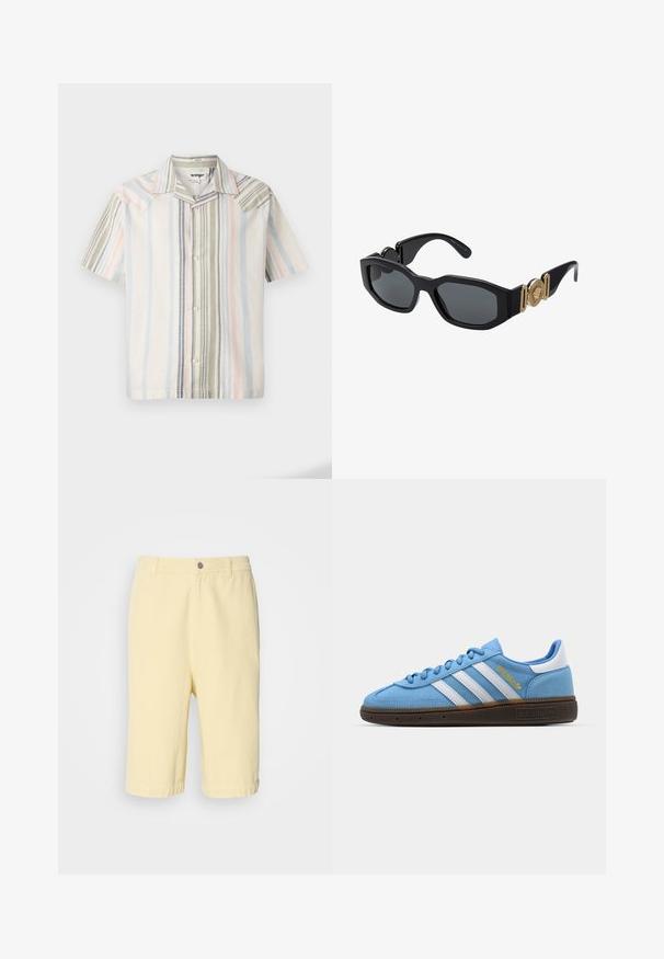 Kratka majica s kratkimi rokavi in gumbom iz lahkega materiala, ki ima vertikalne črte v pastelnih barvah: modri, zeleni in roza, z ošiljenim ovratnikom.; Bela kratka majica s kratkimi rokavi, izdelana iz mehkega bombaža, z okroglo ovratnico in sproščenim krojem s pravim robom. Brez vidnih vzorcev ali poudarkov.; Rumene bombažne kratke hlače s ravnim krojem, ki imajo sprednje zapiranje na gumb in zvitega roba. Gladka tekstura, sproščen design.; Svetlo modri semiš športni čevlji z belimi usnjenimi črtami, rjavo teksturirano podplatom in zlatim logotipom. Nizki dizajn z zaobljenim konicami.; Črne sončne očala z masivnim geometrijskim okvirjem, temnimi lečami in zlatimi kovinskimi detajli na templjih, ki vsebujejo okroglo emblemo.