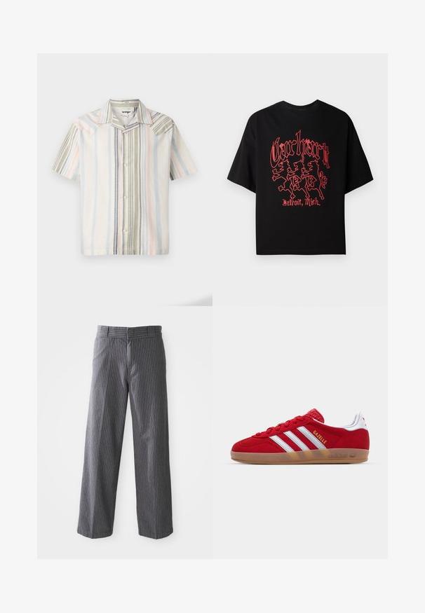 Kortærmet skjorte med knapper i let stof, der har lodrette striber i pastelfarver: blå, grøn og pink med en spids krave.; Sort kortærmet t-shirt lavet af bomuld, med et dristigt rødt grafisk motiv med tre løvefigurer og teksten "Carhartt, Detroit, Mich."; Grå stribede bukser med bred benvidde, bæltestropper, flad front og lige sømme, vist mod en hvid baggrund.; Rød ruskinds sneakers med hvidt tre-stribedesign og guld "Gazelle" tekst. Har en gummisål og en tekstureret hæl.