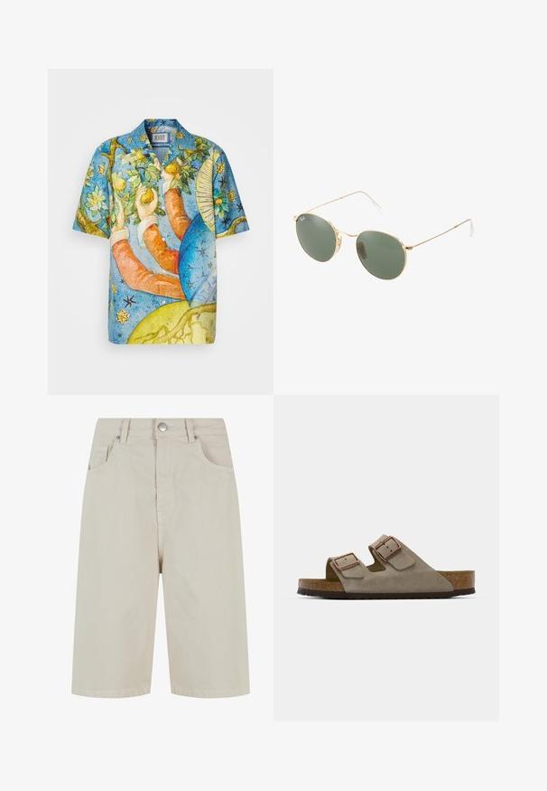 Camisa de manga corta con un vibrante patrón de acuarela azul que presenta manos, frutas y motivos celestiales. Fabricada con tejido ligero.; Shorts de denim beige con corte recto, cierre frontal con botón y cuatro bolsillos. La tela tiene una textura suave y un detalle de costura mínimo.; Sandalia de ante en gris claro con dos hebillas ajustables, una plantilla de corcho y una suela de goma texturizada.; Gafas de sol con marco de metal dorado, lentes verdes, forma redonda, patillas delgadas y acentos de plástico blanco en las puntas de las varillas.