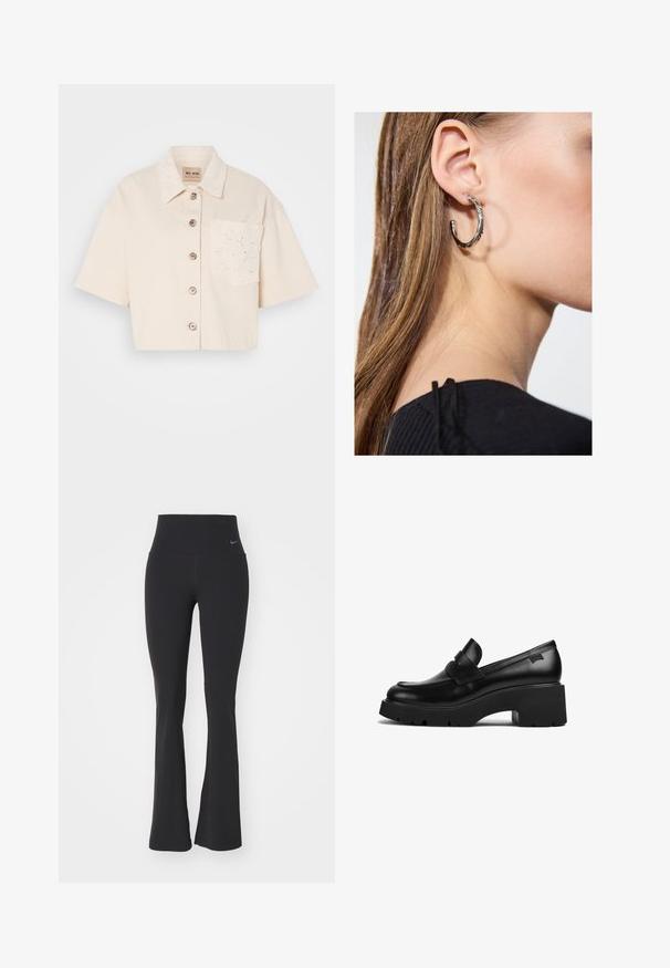 Cropped, short-sleeve shirt in light beige cotton with a button front, pointed collar, and embroidered pocket detail.; Black yoga pants with a high waistband, made of stretchy fabric. Features a flared design and a small Nike logo on the waist.; Black leather chunky-heeled loafer with thick sole and a strap detail across the top, shown from the side on a white background.; Silver hoop earring with a polished finish, featuring small gold accent details and a round shape, worn on the lobe.