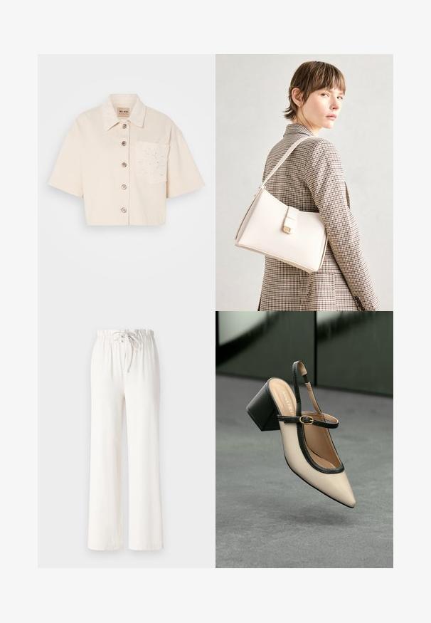 Rövid ujjú, világos bézs színű, gombos elülső részű, hegyes galléros cropped póló, hímzett zseb részlettel.; Fehér, bőszárú nadrág, puha anyagból készült, húzózsinóros derékkal és sima felülettel. Nincsenek rajta minták vagy díszítések.; Beige, hegyes orrú, pántos cipő fekete díszítéssel, arany csattal és vastag blokk sarokkal, szürke padlón, sötétzöld háttér előtt.; Fehér bőr táska strukturált dizájnnal, mágneses záródással és vállpánttal, semleges háttér előtt bemutatva.