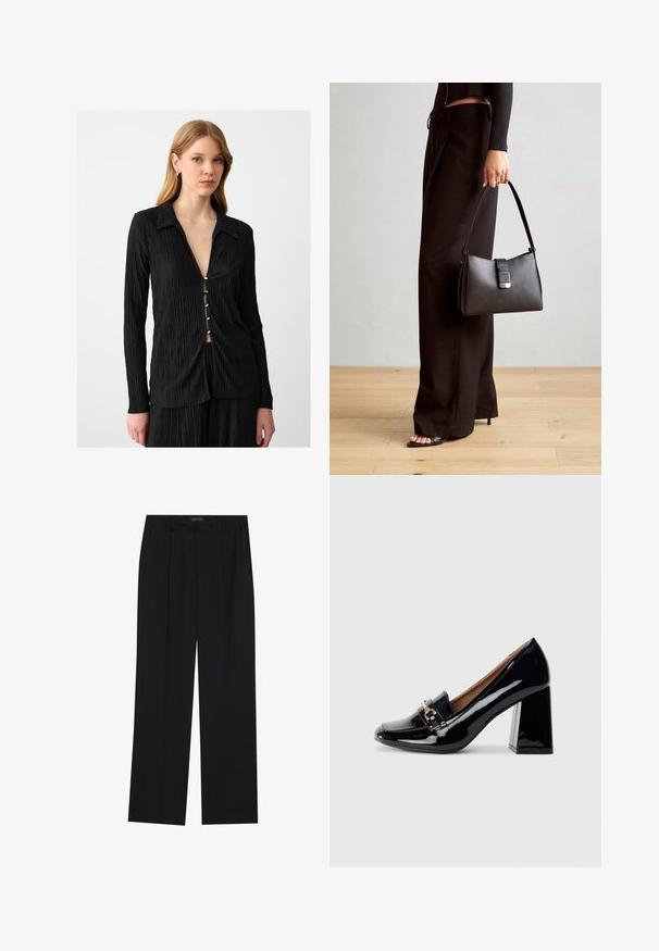Camicia nera a maniche lunghe con texture plissé, colletto a punta e cinque bottoni decorativi lungo la parte frontale, creando un sottile scollo a V.; Pantaloni neri con un design a gamba dritta, dotati di due tasche frontali e di una vita. Realizzati in un tessuto morbido e leggero.; Scarpa con tacco alto in pelle verniciata nera con punta affusolata e tacco quadrato. Presenta un cinturino decorativo con dettaglio di fibbia sul collo del piede.; Borsa nera con forma strutturata, texture liscia e una chiusura metallica. Abbinata a pantaloni neri larghi e sandali open-toe su un pavimento in legno.