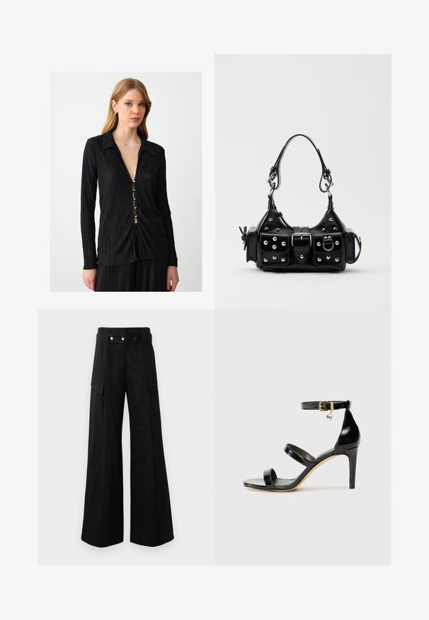 Zwarte, langemouwen shirt met een plissé textuur, puntige kraag en vijf decoratieve knopen aan de voorkant, wat een subtiele V-halslijn creëert.; Zwarte wijde broek met hoge tailleband, voorzien van grote zijzakken, twee knopen aan de voorkant en een lusdetail. Gemaakt van stevige stof.; Zwarte gepatineerde leren sandaal met drie banden, enkelgesp en 10 cm hoge stiletto hak. Bevat gouden hardwaredetails en een logo charm.; Zwarte lederen handtas met een gebogen ontwerp, voorzien van zilveren studs, een gesp en twee zijvakken. Verstelbare schouderband voor verschillende draagmogelijkheden.