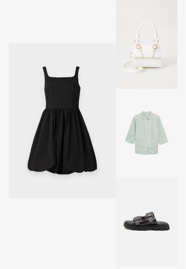 Zaļganzīds ar baltām svītrām, ar pogām aizpogājams krekls ar apkakli, trīs ceturtdaļu piedurknēm un divām priekšējām kabatām. Mīksta auduma, ar gludu tekstūru.; Melnas bezpiedurkņu kleitas ar kvadrātveida dekoltē, pieguļošu augšdaļu un sakrautām, izplestām svārkiem, kas beidzas ar noapaļotu apakšmalu. Gluda auduma.; Melnas sandales ar divām platām siksnām, kuras rotā dekoratīvas kniedes un izstrādātas ar detaļu sprādzēm, novietotas uz izturīgas teksturētas gumijas zoles.; Balta mākslīgās ādas soma ar strukturētu dizainu, zelta aparatūras akcentiem, divām augšējām rokturēm un regulējamu plecu siksnu.