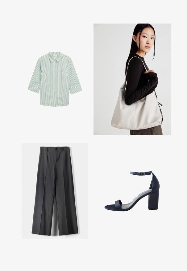 Zeleno-bílá pruhovaná košile s límcem, tříčtvrtečními rukávy a dvěma předními kapsami. Měkká tkanina s hladkou strukturou.; Kalhoty s širokými nohavicemi vyrobené z tmavě šedé látky, s knoflíkovým zapínáním, předními sklady a poutky na pásek. Hladká textura s přizpůsobeným střihem.; Námořnické modré sandály na vysokém podpatku s hladkým povrchem, širokým páskem přes prsty, páskem kolem kotníku a blokovým podpatkem pro lepší stabilitu.; Beige kabelka vyrobená z měkkého materiálu, s volným designem, prošívanými detaily a dvěma ramenními popruhy. Vhodná pro každodenní použití.